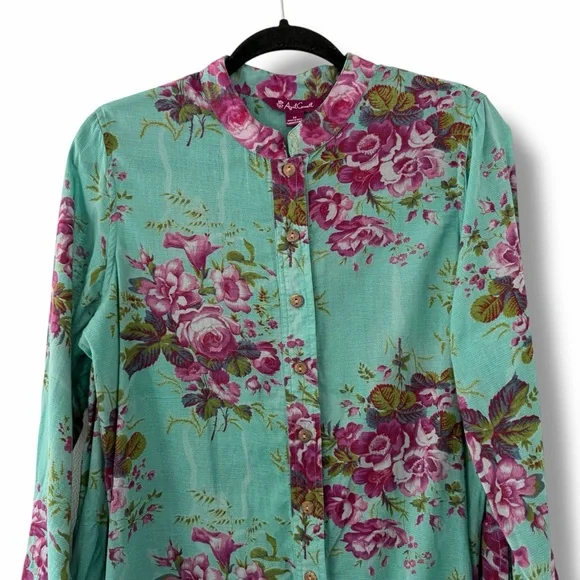 April Cornell Teal Cottage Rose Floral Print Button Down Tunic Top Boho Medium - Picture 2 of 13